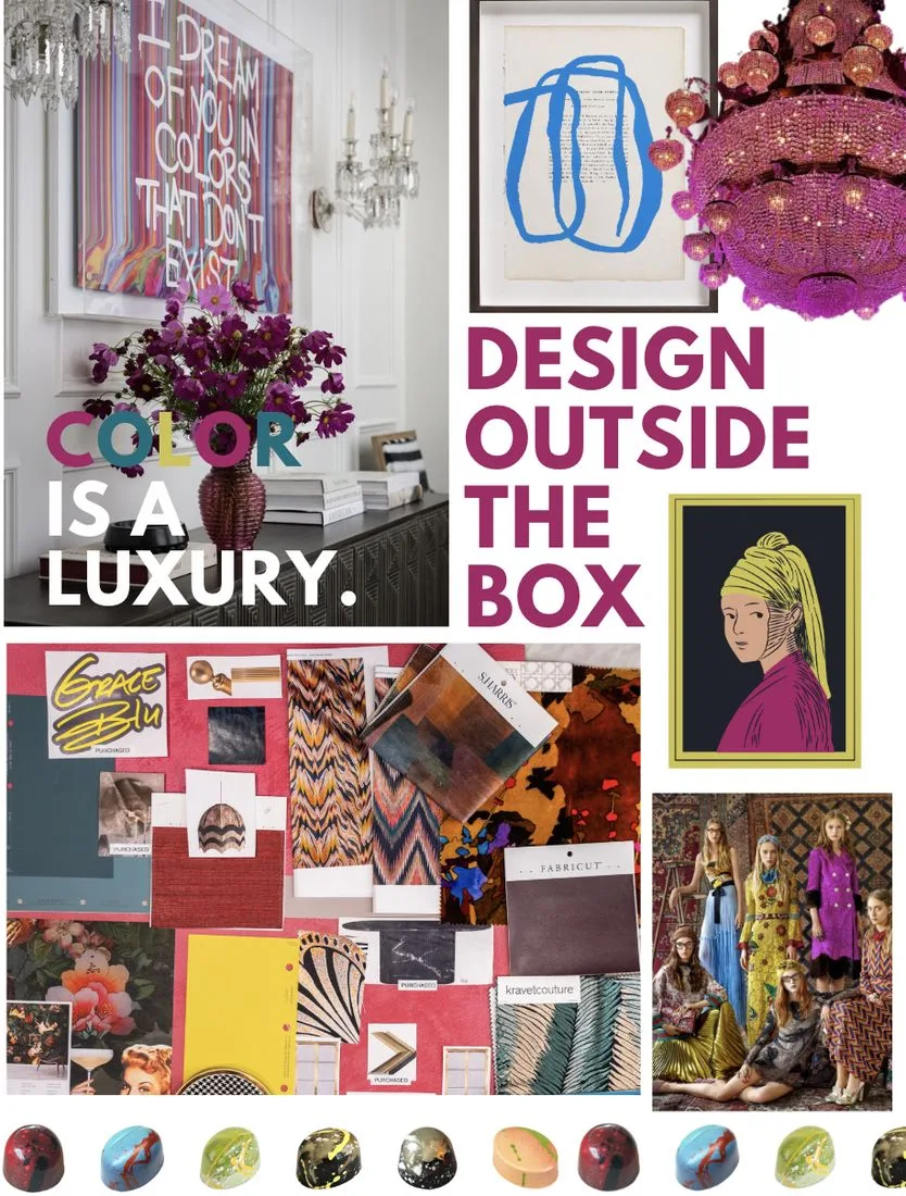 Grace Blu brand board: magenta and gold palette with fabric swatches