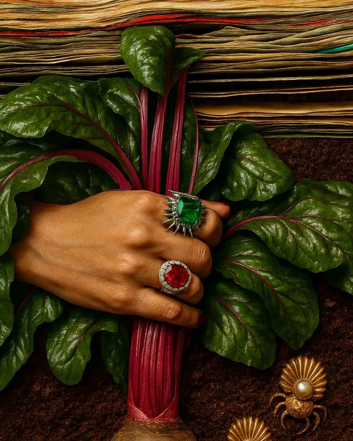 A hand heavy with rings gripping a bundle of chard against the swollen pages of an old book
