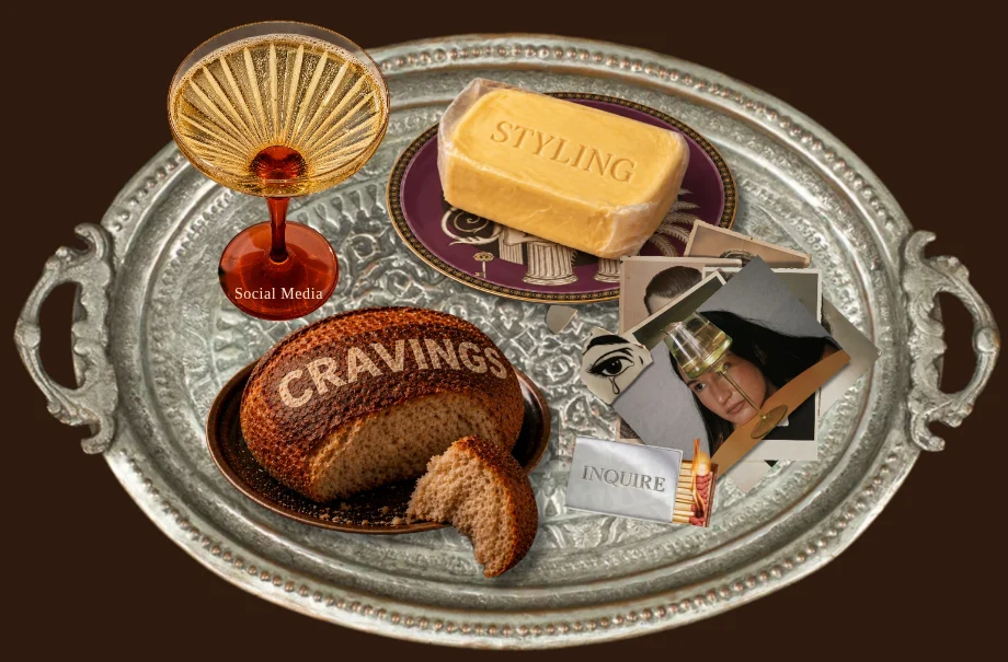 EatUrMood homepage: a silver tray holding a coupe, butter, bread, photographs and a matchbook