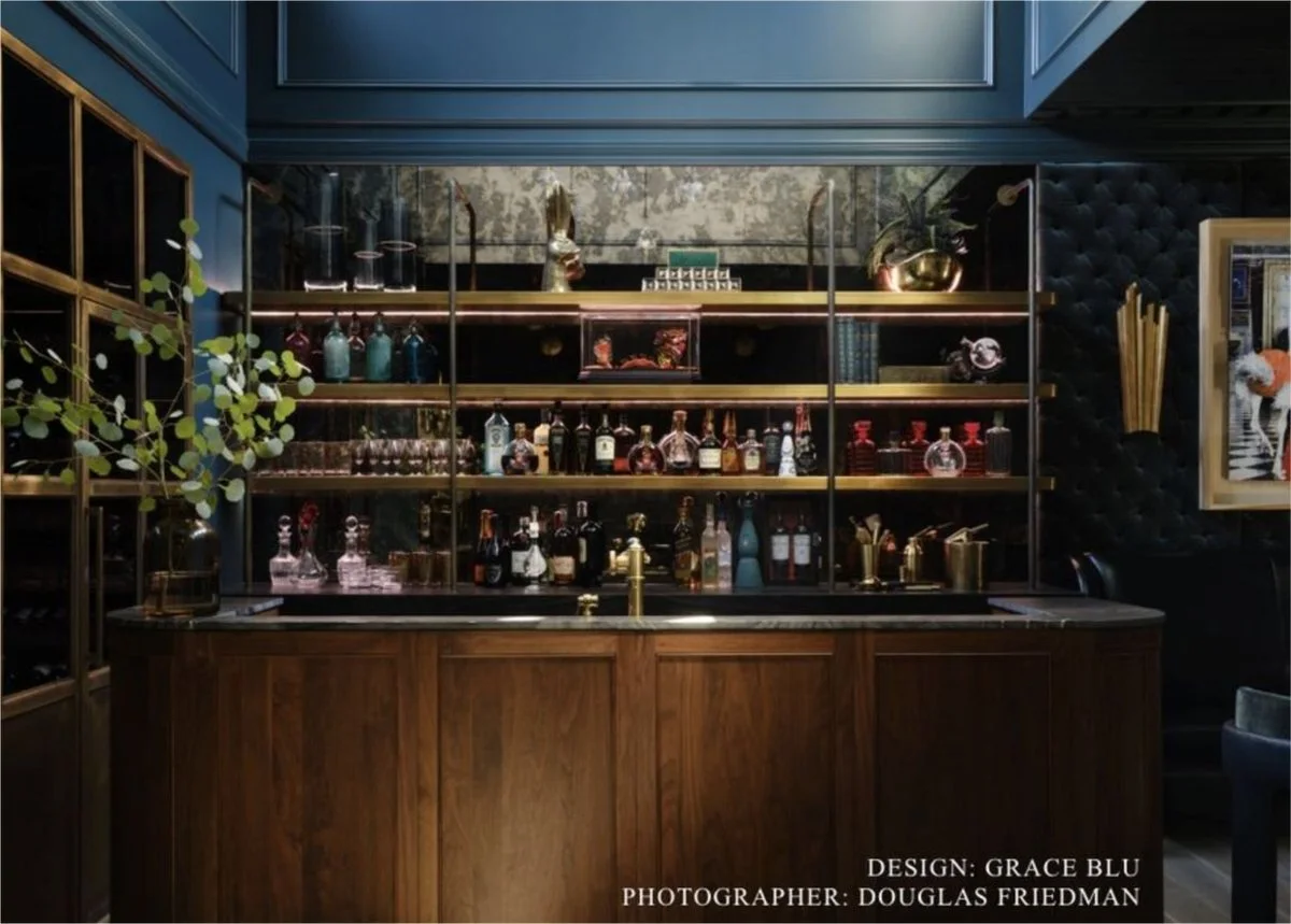 Deep blue and brass home bar with backlit shelving, Newport Beach