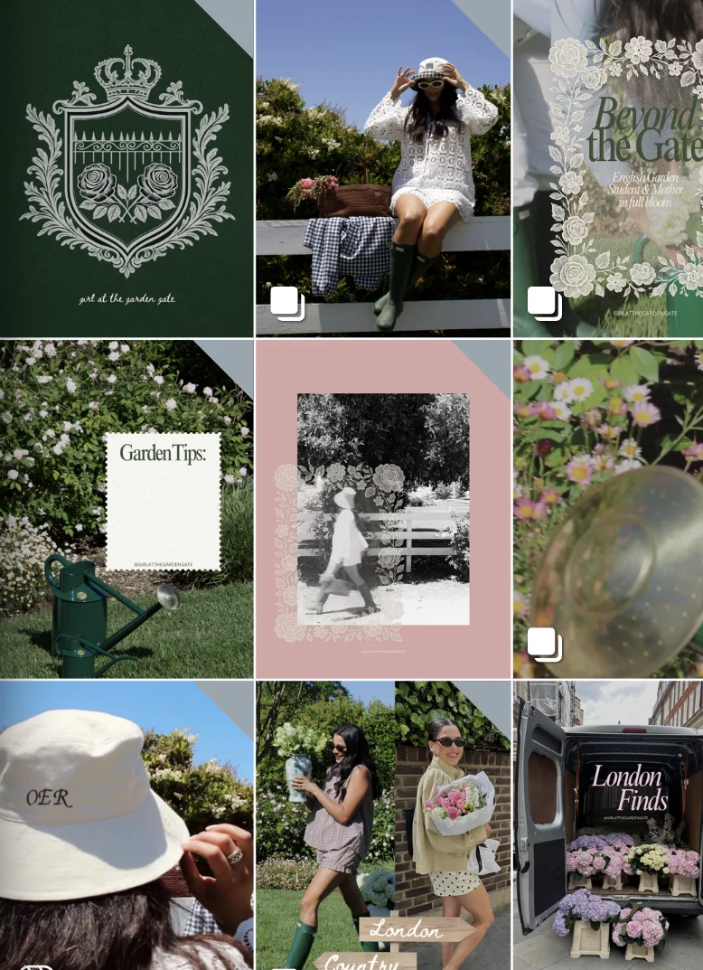 Girl at the Garden Gate launch grid: crest, portraits, Beyond the Gate cover, Garden Tips and London Finds posts