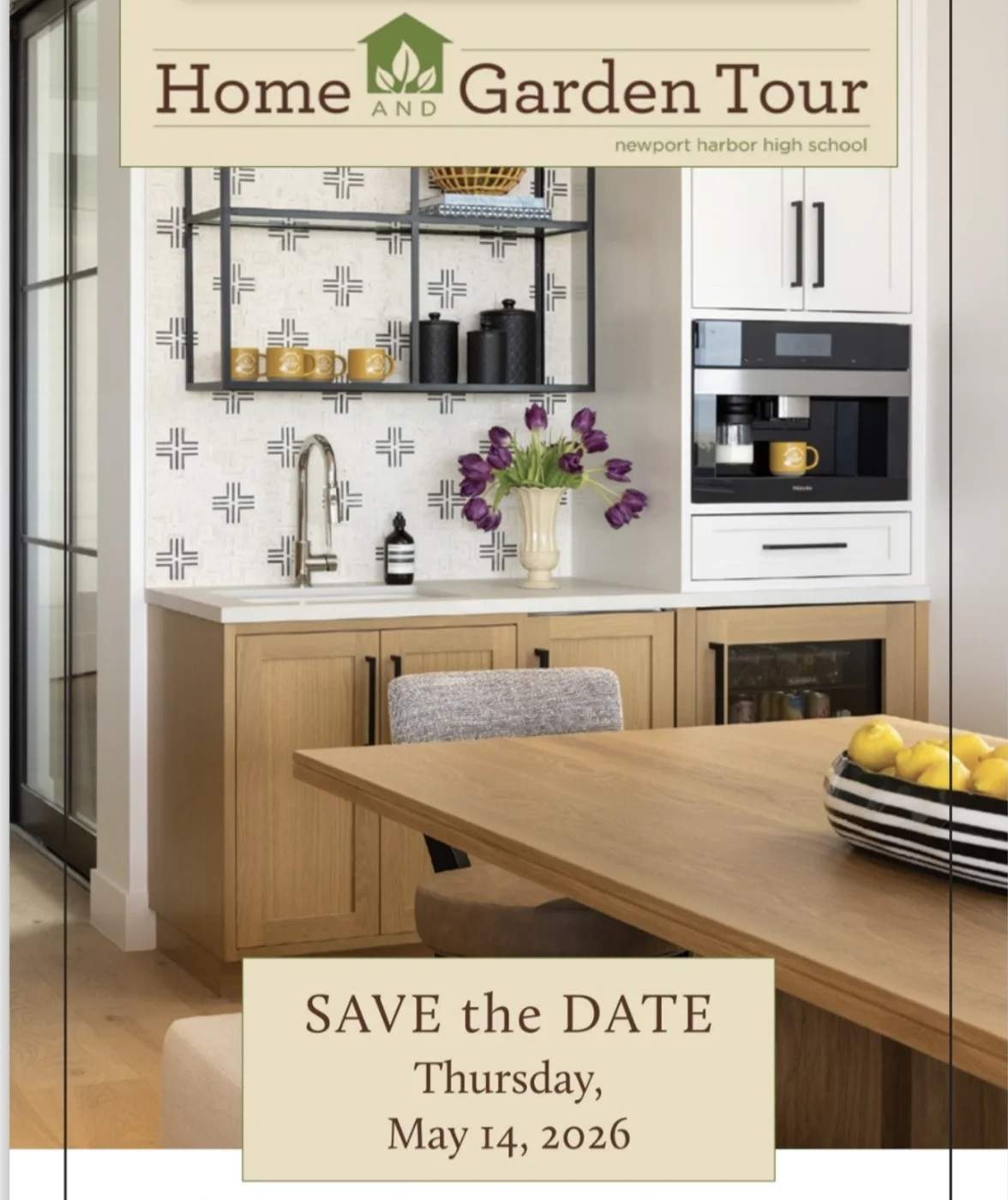 Kitchen coffee bar with purple tulips and yellow mugs on the Home and Garden Tour save-the-date